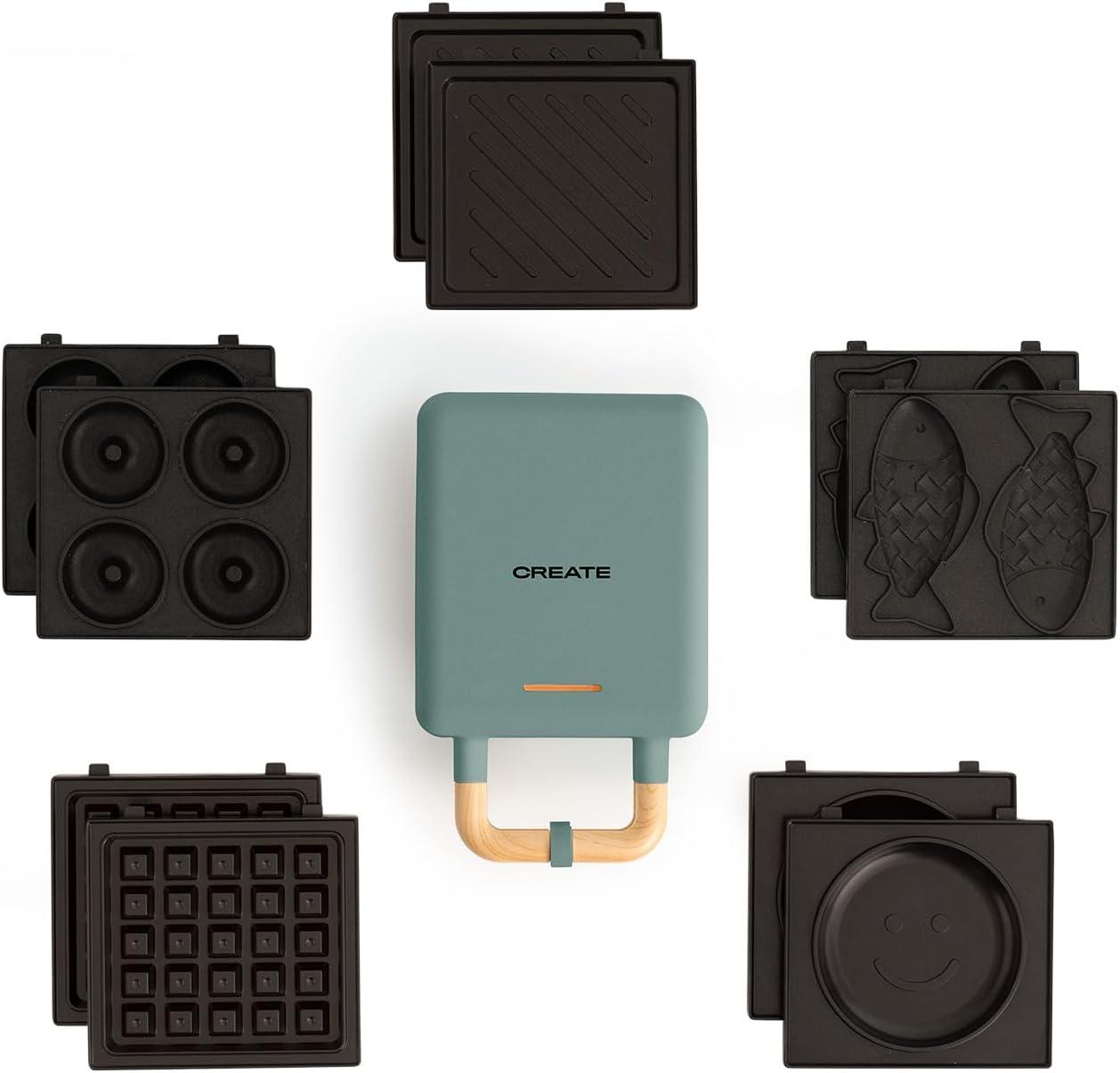 image:imageCREATESTONE STUDIOSandwichGrill et gaufrier quadruple vert sauge 3 plaques interchangeables Grill Gaufre et Sandwich revtement antiadhsif ouverture 180 4 tranches rtro 1600WVert Sauge