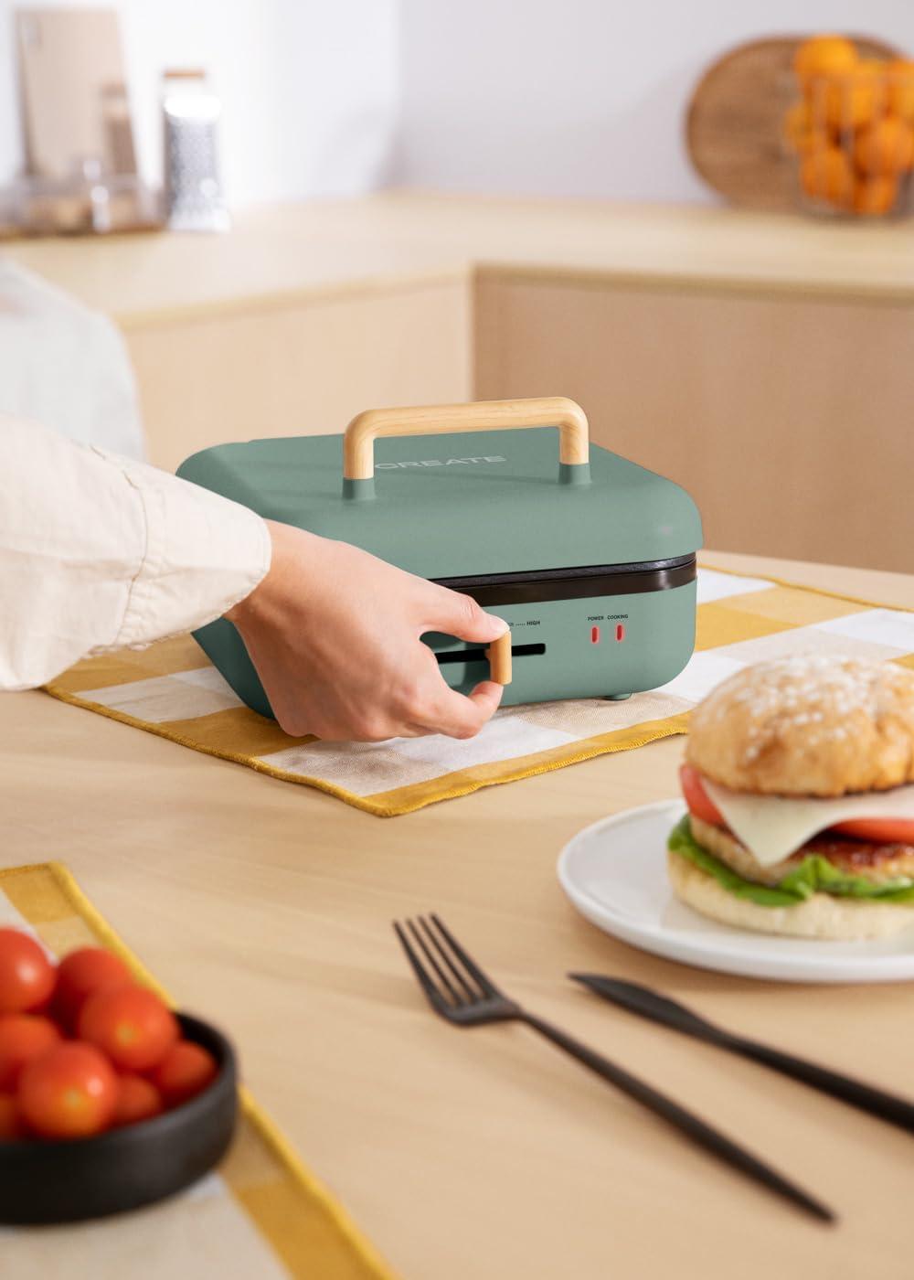 image:imageCREATESTONE STUDIOSandwichGrill et gaufrier quadruple vert sauge 3 plaques interchangeables Grill Gaufre et Sandwich revtement antiadhsif ouverture 180 4 tranches rtro 1600WVert Sauge