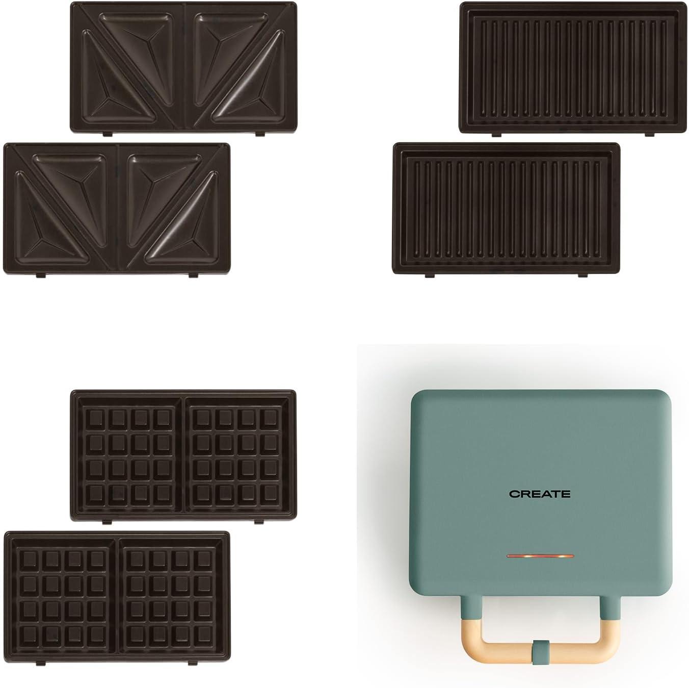 image:imageCREATESTONE STUDIOSandwichGrill et gaufrier quadruple vert sauge 3 plaques interchangeables Grill Gaufre et Sandwich revtement antiadhsif ouverture 180 4 tranches rtro 1600WVert Sauge