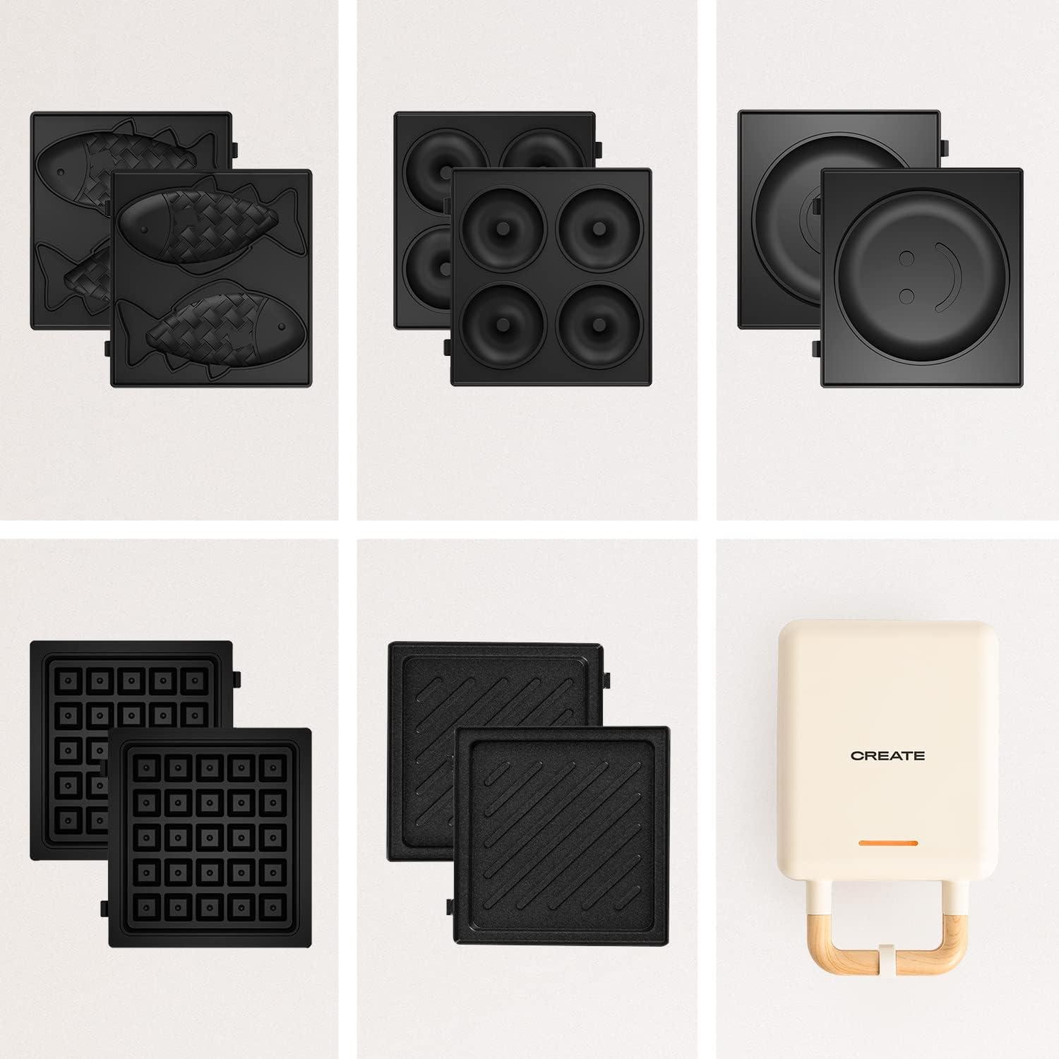image:imageCREATESTONE STUDIOSandwichGrill et gaufrier quadruple vert sauge 3 plaques interchangeables Grill Gaufre et Sandwich revtement antiadhsif ouverture 180 4 tranches rtro 1600WBlanc Cass