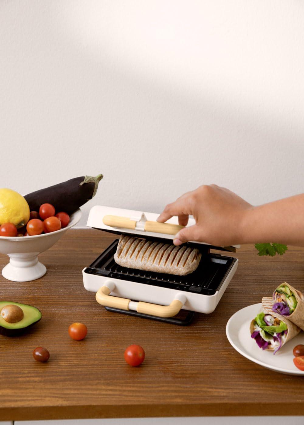 image:imageCREATESTONE STUDIOSandwichGrill et gaufrier quadruple vert sauge 3 plaques interchangeables Grill Gaufre et Sandwich revtement antiadhsif ouverture 180 4 tranches rtro 1600WBlanc Cass
