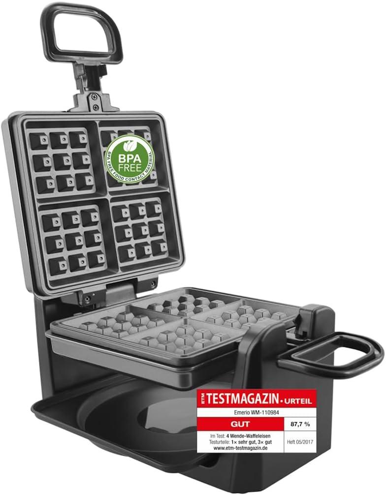 image:imageEmerio WM1109844 Gaufrier rotatif pour 4 gaufres belges en mme temps avec fonction rotative professionnelle plaques antiadhsives rgulateur de temprature 1000 W bien test argent
