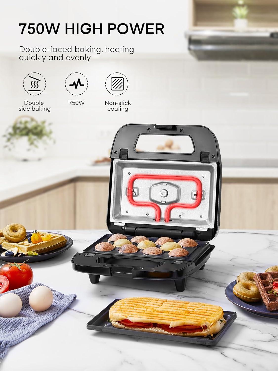 image:imageGaufrier 6 en 1 Appareil Croque Monsieur 750W Multifonctions Machine lectrique 6 Plaques Antiadhsives et Dtachables Cuisson Double FaceThermostat Automatique