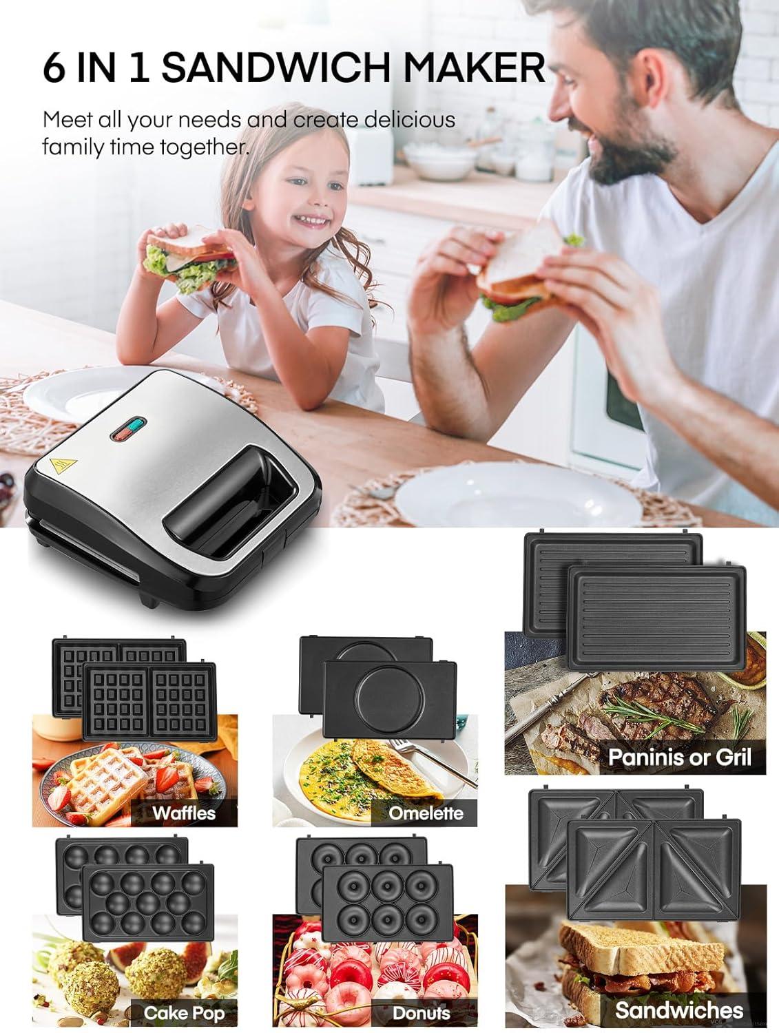 image:imageGaufrier 6 en 1 Appareil Croque Monsieur 750W Multifonctions Machine lectrique 6 Plaques Antiadhsives et Dtachables Cuisson Double FaceThermostat Automatique