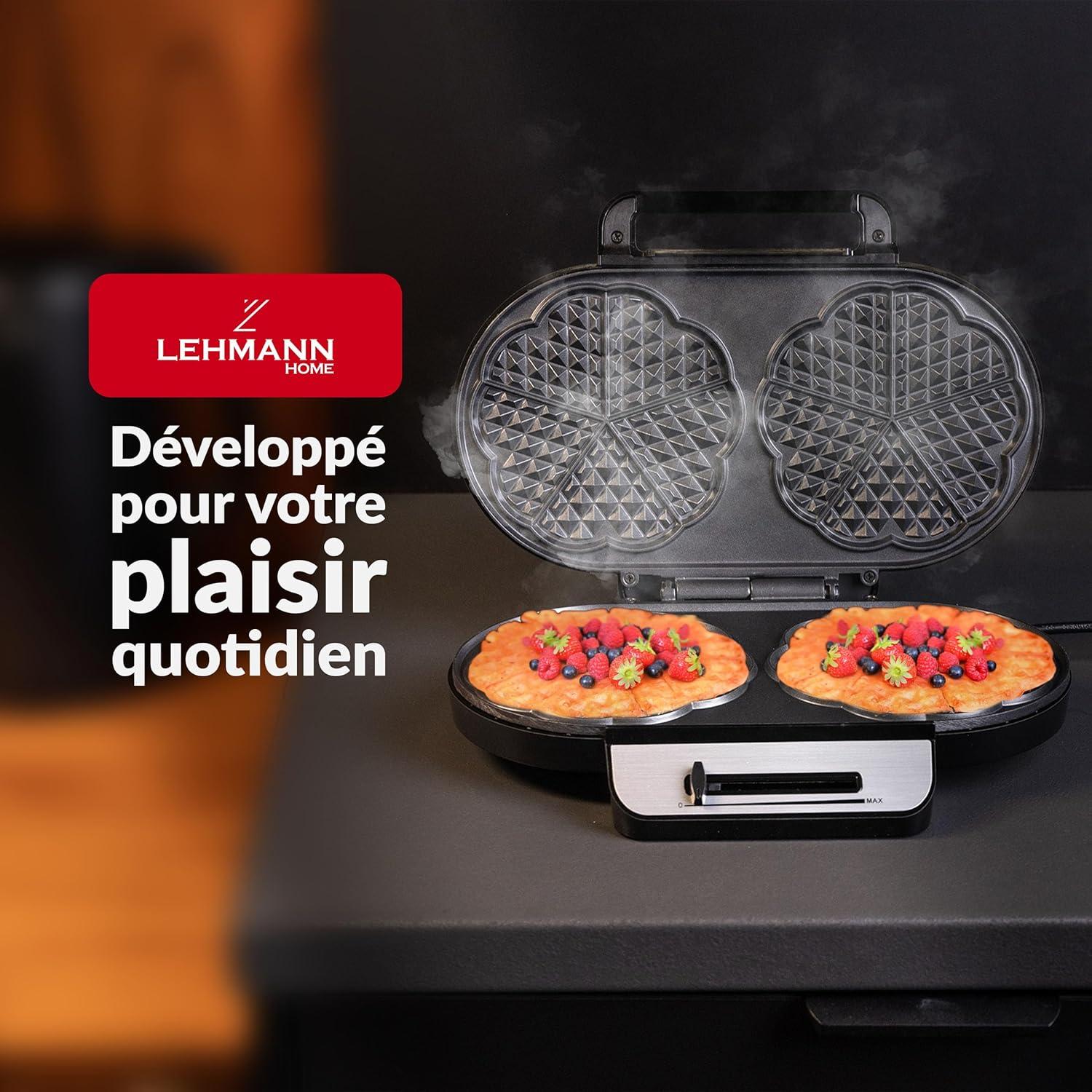 image:imageLEHMANN Gaufrier Double en Forme de Cur Machine a Gauffre pour 10 Gaufres Classiques en Forme de Cur 2 Surfaces de Cuisson Antiadhsives Rglage Temprature 1200W
