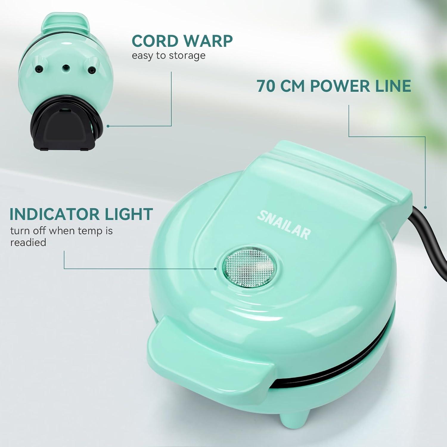image:imageSNAILAR Mini gaufrier Machine gaufres belges Petit gaufrier Classique pour les anniversaires des enfants les ftes de famille Pques ou Nol Design mignon et compact 550 watts Vert