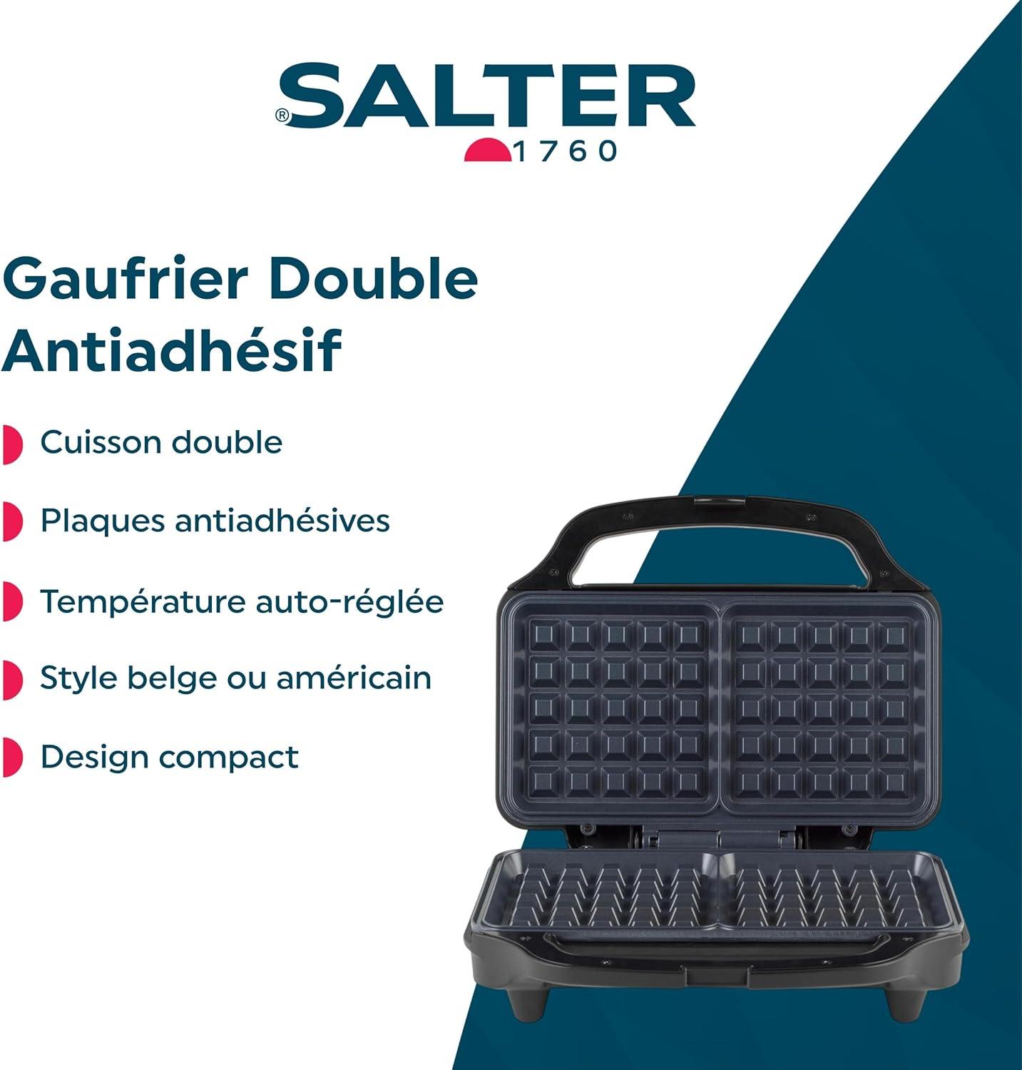 image:imageSalter Double Gaufrier Plaques de gaufres doubles non adhsives remplissage profond pour gaufres belges et amricaines contrle automatique de la temprature poigne Cool Touch 900 WPrise EU