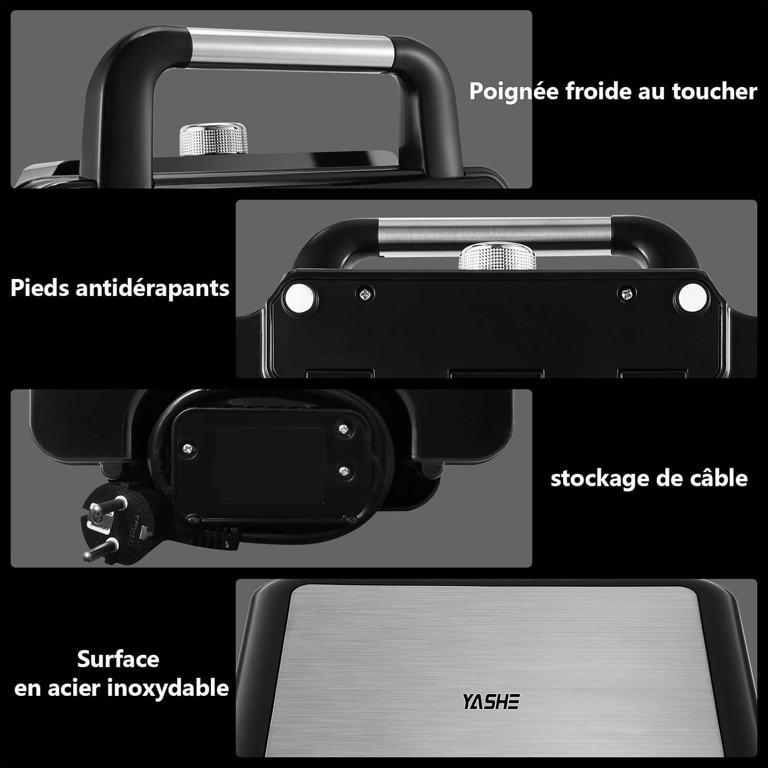 image:imageYASHE Gaufrier Machine Gaufres 4 Tranches Bouton de Dorure Rglable 5 Positions Tmoins Lumineux Antidbordement Revtement Antiadhsif 1200W ArgentNoirArgentNoir