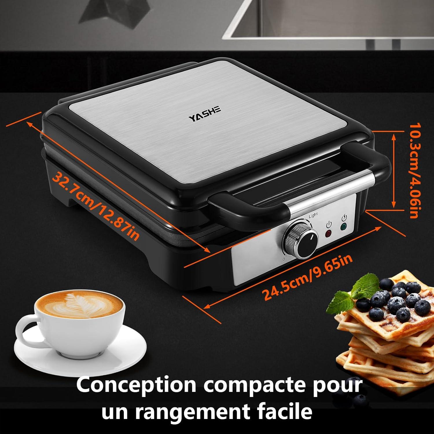 image:imageYASHE Gaufrier Machine Gaufres 4 Tranches Bouton de Dorure Rglable 5 Positions Tmoins Lumineux Antidbordement Revtement Antiadhsif 1200W ArgentNoirArgentNoir