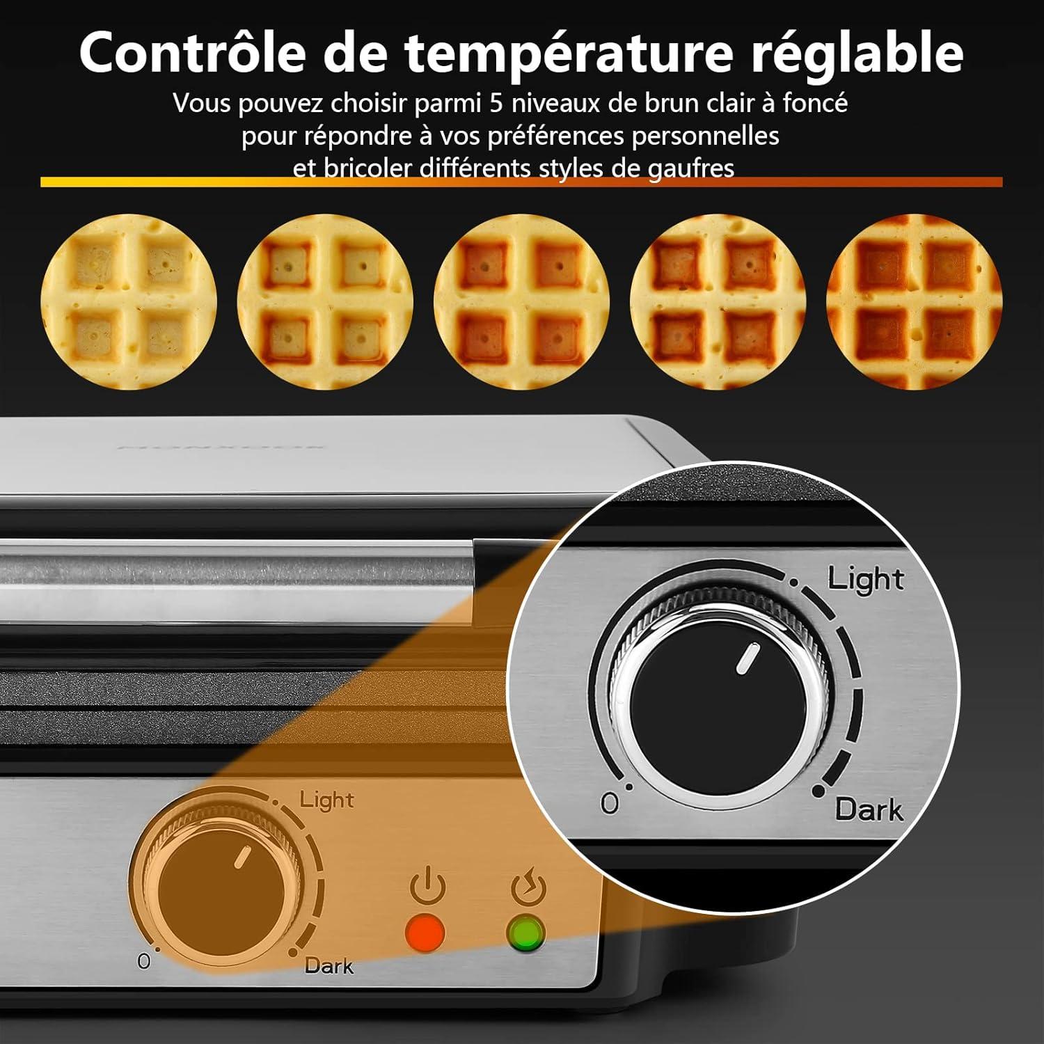 image:imageYASHE Gaufrier Machine Gaufres 4 Tranches Bouton de Dorure Rglable 5 Positions Tmoins Lumineux Antidbordement Revtement Antiadhsif 1200W ArgentNoirArgentNoir