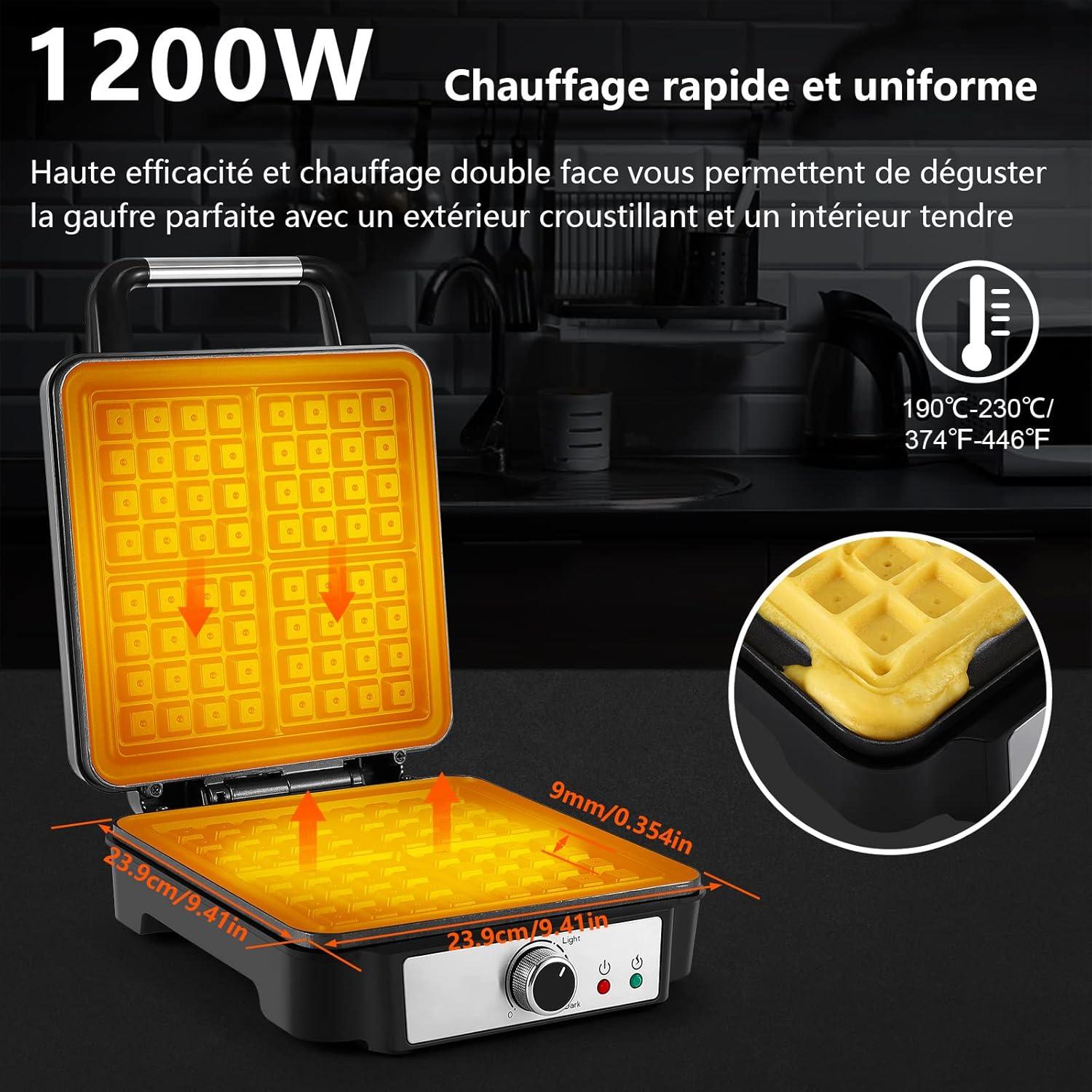 image:imageYASHE Gaufrier Machine Gaufres 4 Tranches Bouton de Dorure Rglable 5 Positions Tmoins Lumineux Antidbordement Revtement Antiadhsif 1200W ArgentNoirArgentNoir