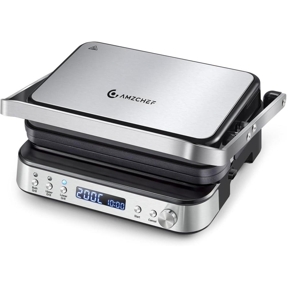 image:imageAMZCHEF Gril de contact multifonctionnel 4 en 1 Grille Gaufrier ampamp SandwichMaker avec 4 plaques amovibles antiadhsives temps et temprature personnalissIndicateur LEDGril sant 2000WArgent