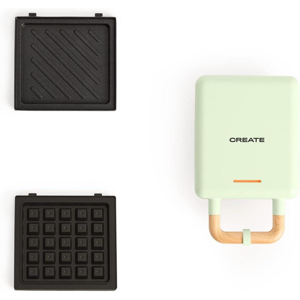image:imageCREATESTONE STUDIOSandwichGrill et gaufrier quadruple vert sauge 3 plaques interchangeables Grill Gaufre et Sandwich revtement antiadhsif ouverture 180 4 tranches rtro 1600WVert Pastel