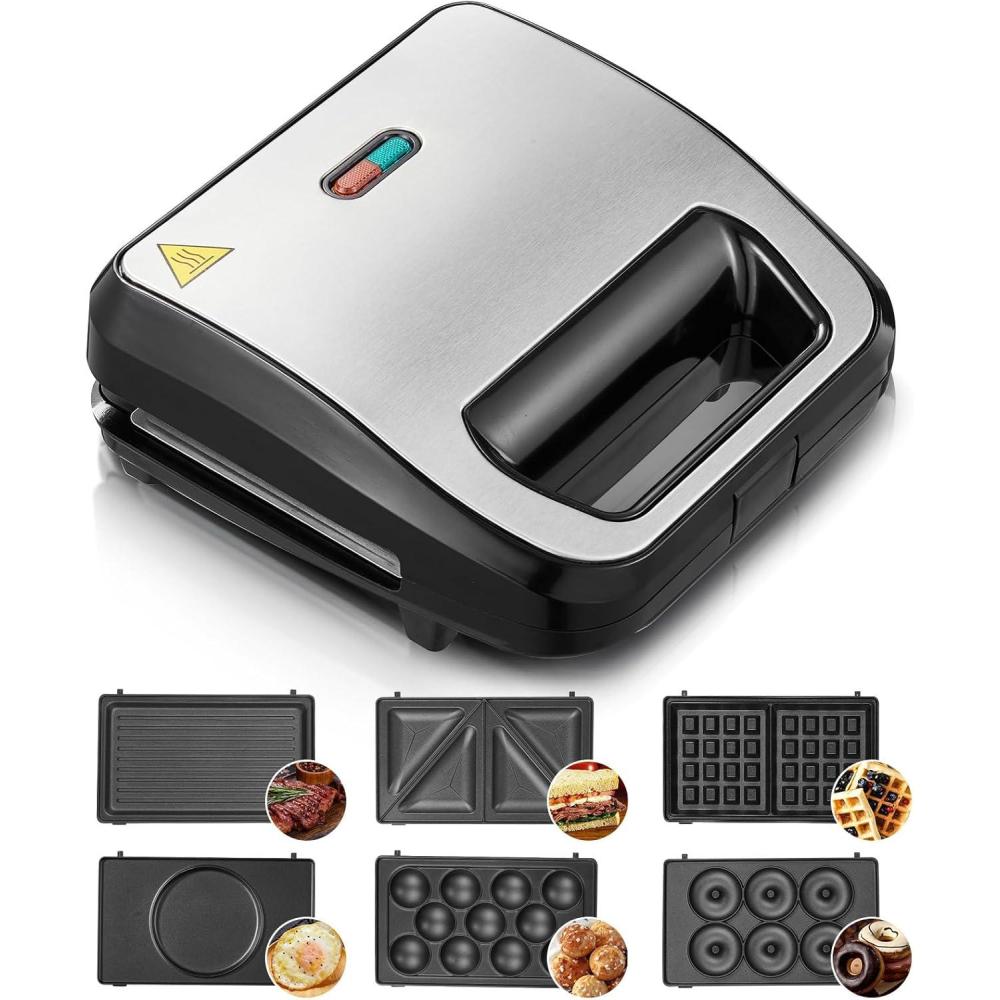 image:imageGaufrier 6 en 1 Appareil Croque Monsieur 750W Multifonctions Machine lectrique 6 Plaques Antiadhsives et Dtachables Cuisson Double FaceThermostat Automatique