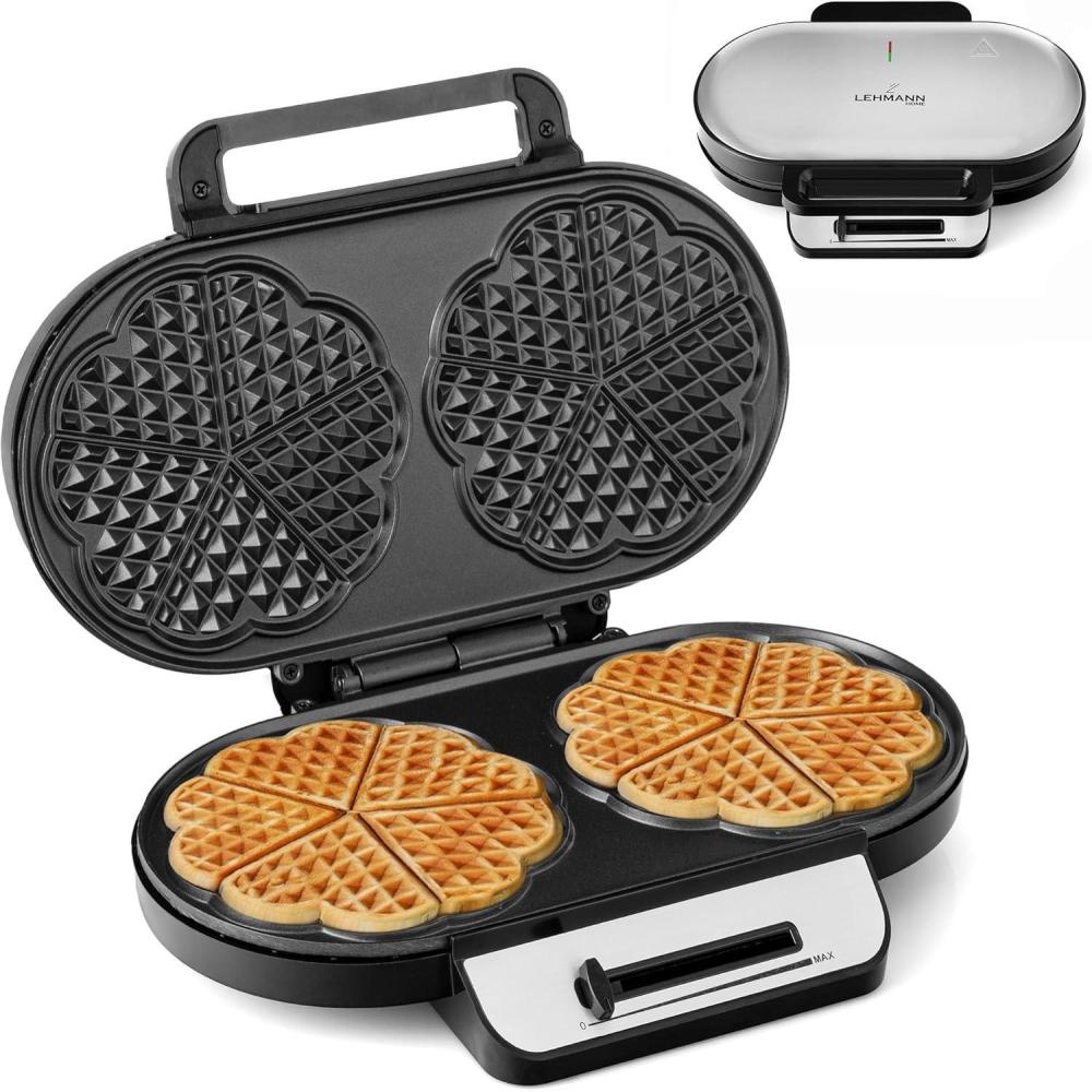 image:imageLEHMANN Gaufrier Double en Forme de Cur Machine a Gauffre pour 10 Gaufres Classiques en Forme de Cur 2 Surfaces de Cuisson Antiadhsives Rglage Temprature 1200W