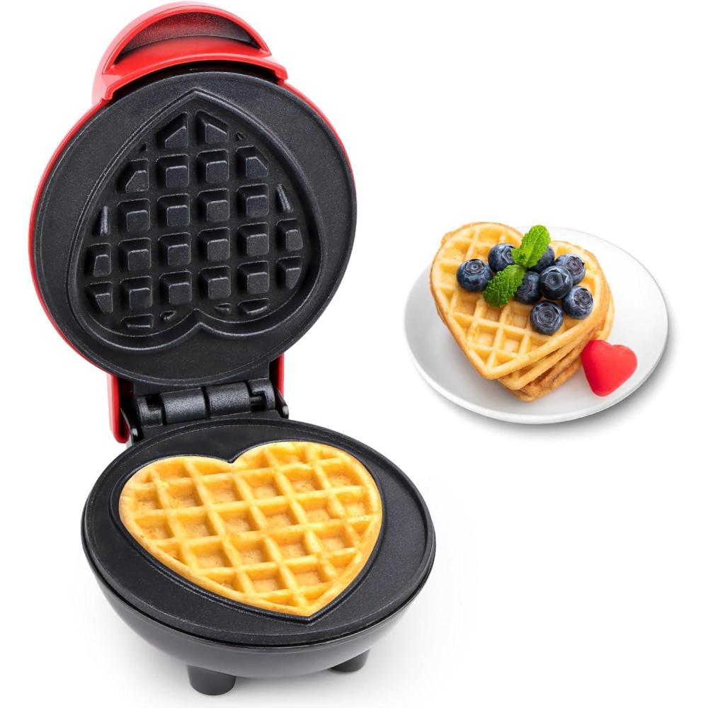 image:imageMini Gaufrier en Forme de Cur RISVOWO 350W Machines Gaufres avec Revtement AntiAdhsif Petit Gaufrier pour les Anniversaires les Ftes de Famille Pques ou Nol