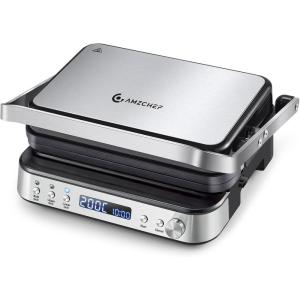 AMZCHEF Gril de contact multifonctionnel 4 en 1, Grille, Gaufrier & SandwichMaker avec 4 plaques amovibles antiadhésives, temps et température personnalisés,Indicateur LED,Gril santé 2000W-Argent