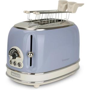 Ariete Grille-Pain 2 Tranches Vintage 155, Grille-Pain 6 Niveaux de Grillage, Éjection Automatique, Fonction Décongélation, Tiroir Ramasse-Miettes Amovible, Acier Inoxydable, avec Pince, 810W, Beige(Bleu)