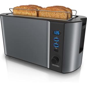 arendo – Grille Pain 2 Larges Fentes 4 tranches écran Digital – Grille-Pain Automatique 3en1-1500W – 6 Niveaux réglable décongélation réchauffe viennoiseries Plateau à miettes -Toaster Cool Grey(A: Gris Cool Grey)