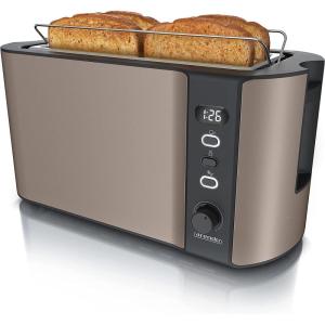 arendo – Grille Pain 2 Larges Fentes 4 tranches écran Digital – Grille-Pain Automatique 3en1-1500W – 6 Niveaux réglable décongélation réchauffe viennoiseries Plateau à miettes -Toaster Cool Grey(C: Bronse)