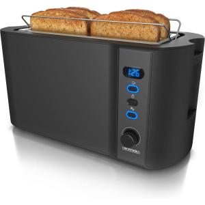 arendo – Grille Pain 2 Larges Fentes 4 tranches écran Digital – Grille-Pain Automatique 3en1-1500W – 6 Niveaux réglable décongélation réchauffe viennoiseries Plateau à miettes -Toaster Cool Grey(A: Noir)