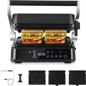 AMAZHEF Grill électrique multifonction 6 en 1 avec capteur de température, fonction Sear 280 °C, double thermostat indépendant, plaques amovibles lavables au lave-vaisselle, gaufrier, barbecue, panini(XL)