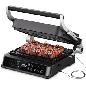 AMAZHEF Grill électrique multifonction 6 en 1 avec capteur de température, fonction Sear 280 °C, double thermostat indépendant, plaques amovibles lavables au lave-vaisselle, gaufrier, barbecue, panini(XL WITH WAFFLE PLATE)