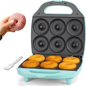 Baker&rsquo;s Friend Mini gaufrier rond – 11 x 5,5 cm – Petit choix pour petit déjeuner, brunch, fêtes pour événements, aqua, prise UE(6 Donut Maker)