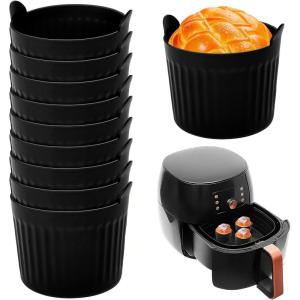 10 Pcs Moule Muffins Silicone 6.6×6.5cm, Moules Cupcake Air Fryer Antiadhésif, Moule Oeuf Individuel sans BPA, Accessoires pour Friteuse à Air avec Poignée, pour Cuisson Cuisine Boulangerie