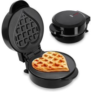 ADE Mini gaufrier | machine à gaufre belge forme ronde | parfait pour une personne, une fête, un anniversaire d&rsquo;enfant | revêtement antiadhésif de haute qualité | 550 W | noir(Coeur)