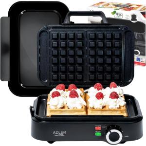 ADLER EUROPE Mini Gaufrier 2000W – Gaufrier Compact avec Revêtement Antiadhésif – Température Réglable – Gauffre Prépare 2 Grandes Gaufres – Design – Gauffrier Haute Performance