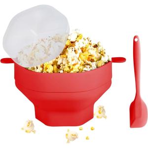 Bol à pop-corn pliable en silicone avec couvercle et poignée, machine à pop-corn pour micro-ondes avec outil d&rsquo;agitation (bleu)(Rouge)