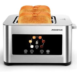 Aigostar Grille Pain 2 Fentes, Écran Tactile LED, Fente Extra Large de 4 cm & Auto-Centrage, Grille-Pain en Acier Inoxydable avec 6 Niveaux de Dorage, Réchauffage, Décongélation & Annulation