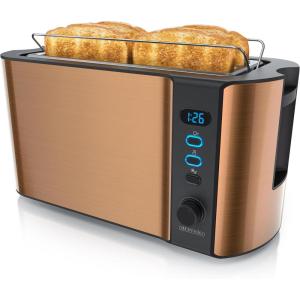 arendo – Grille Pain 2 Larges Fentes 4 tranches écran Digital – Grille-Pain Automatique 3en1-1500W – 6 Niveaux réglables décongélation réchauffe viennoiseries Plateau à miettes -Toaster Cuivre(D: Cuivre)