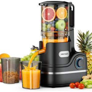 AIRMSEN Extracteur de Jus à Froid Avec Goulotte Extra Large de 147 Mm, Capacité de 2,1 L, Extracteur de Jus pour Fruits et Légumes, Moteur de 300 W, Extraction à Spirale Lente 7+1, Noire(Noire)